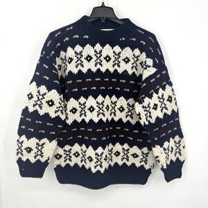 Vintage Gypsy Rose Cream/Navy Long Sleeve Fair Isle Pullover Wool Sweater LG/XL